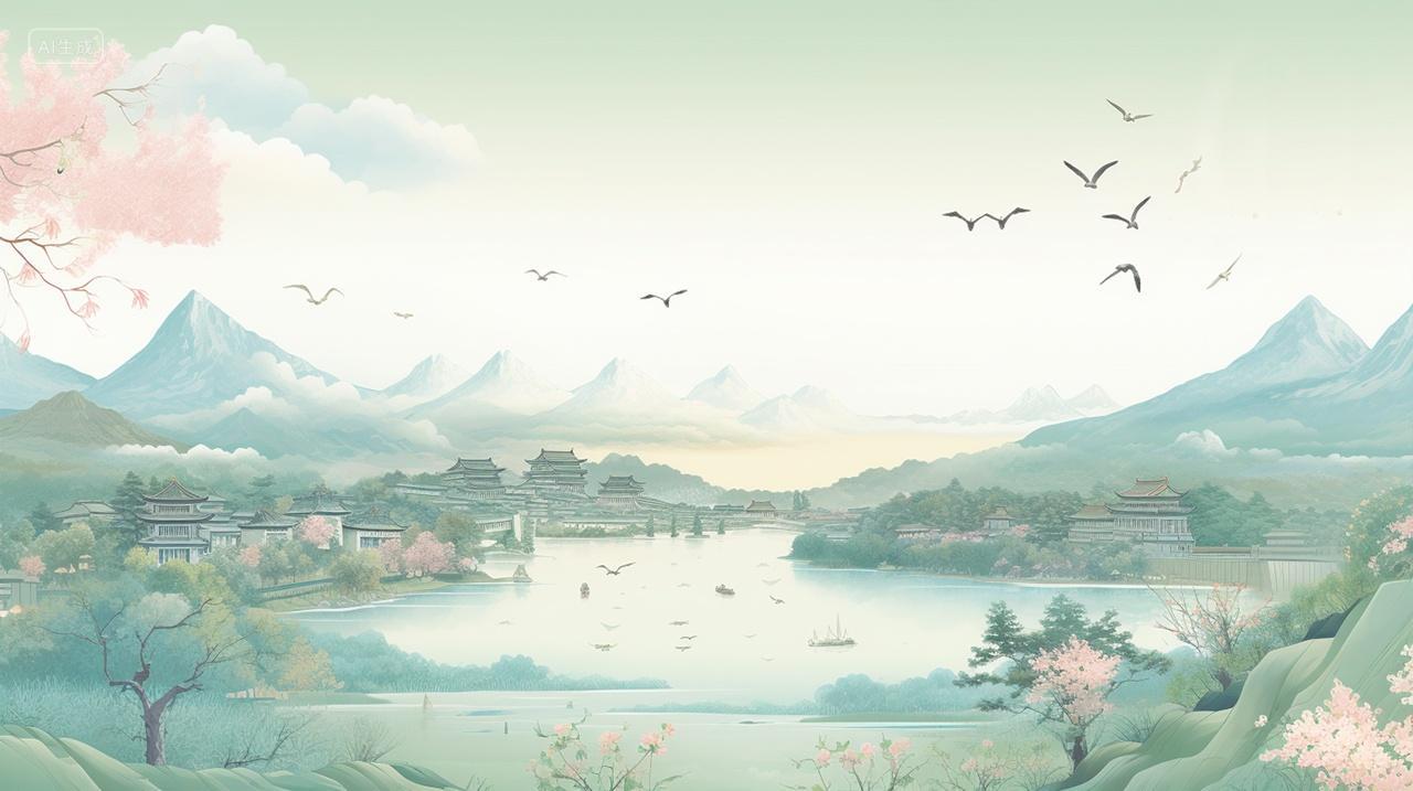 清明节春雨绿树成荫远山朦胧飞鸟湖泊乡村春季自然风景渐变插画