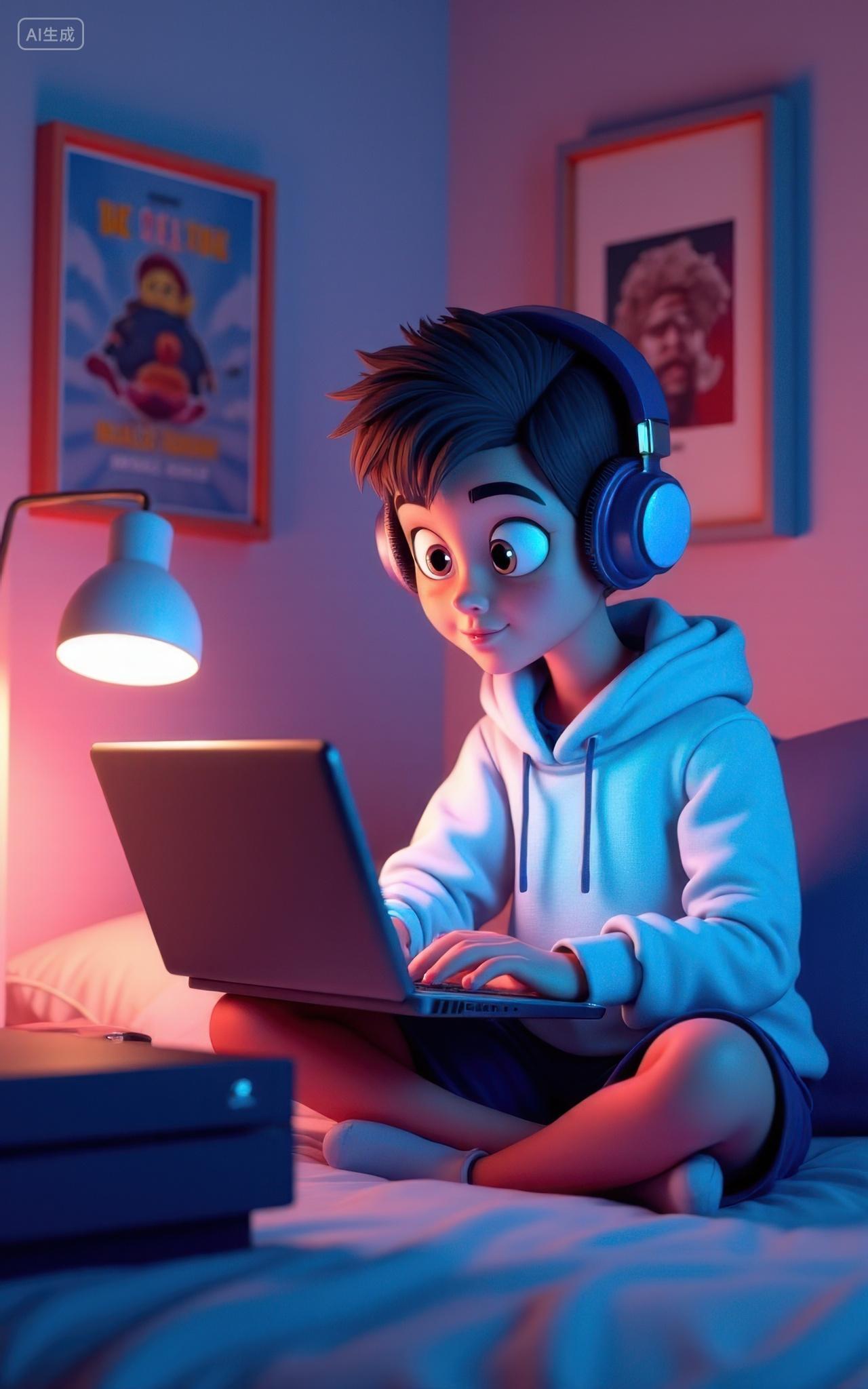 3D卡通人物带着耳机玩电脑的男孩