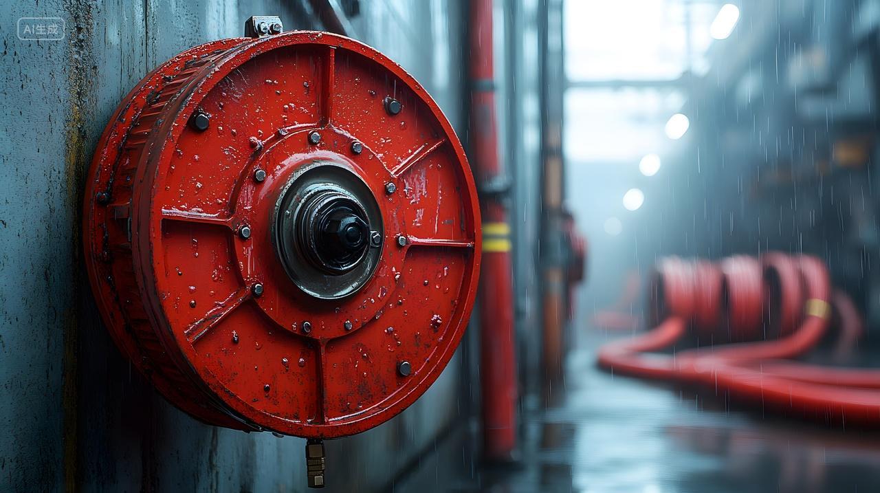 工业场景消防水带卷盘特写全国消防日主题