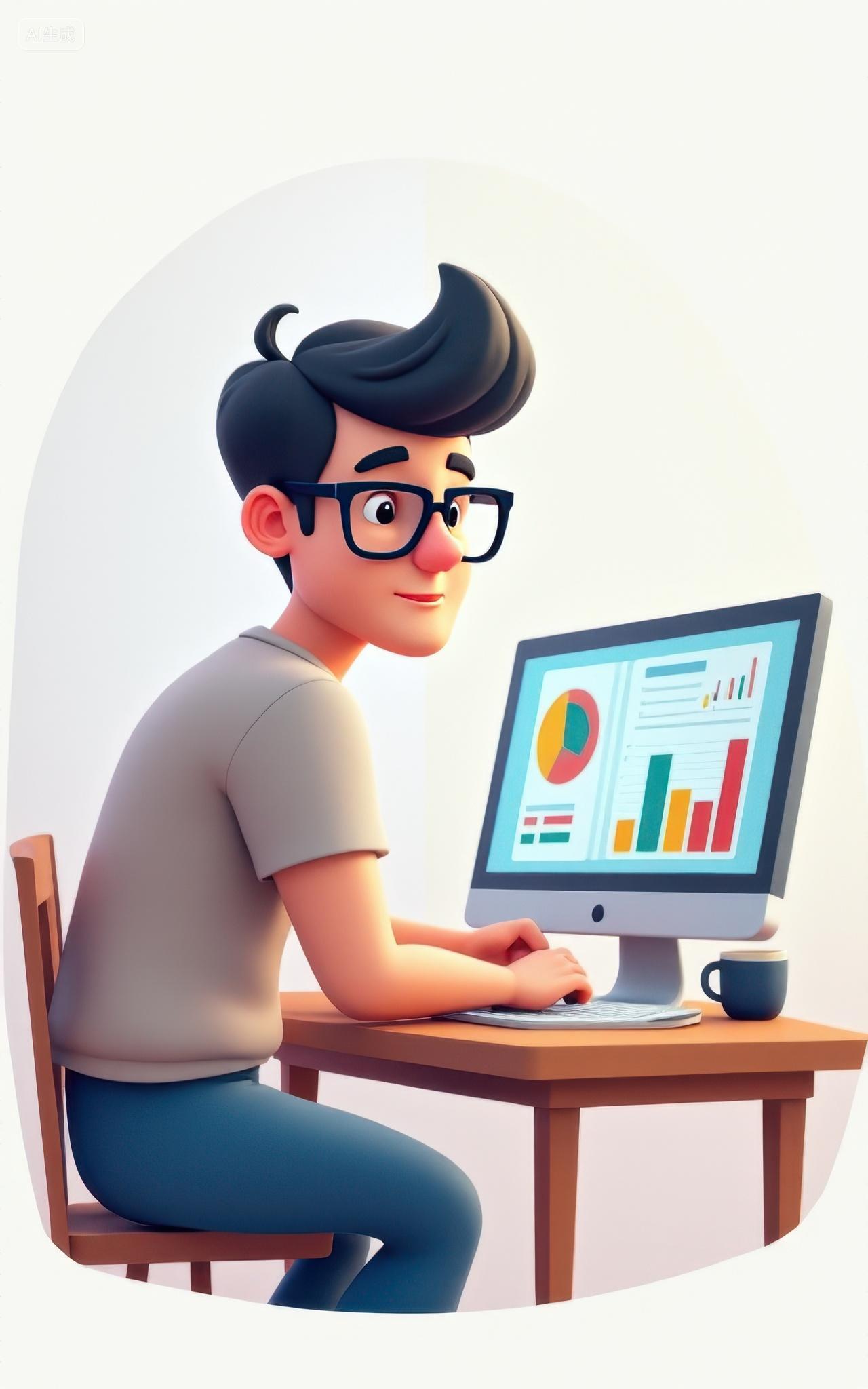 专注数据分析的3D卡通人物
