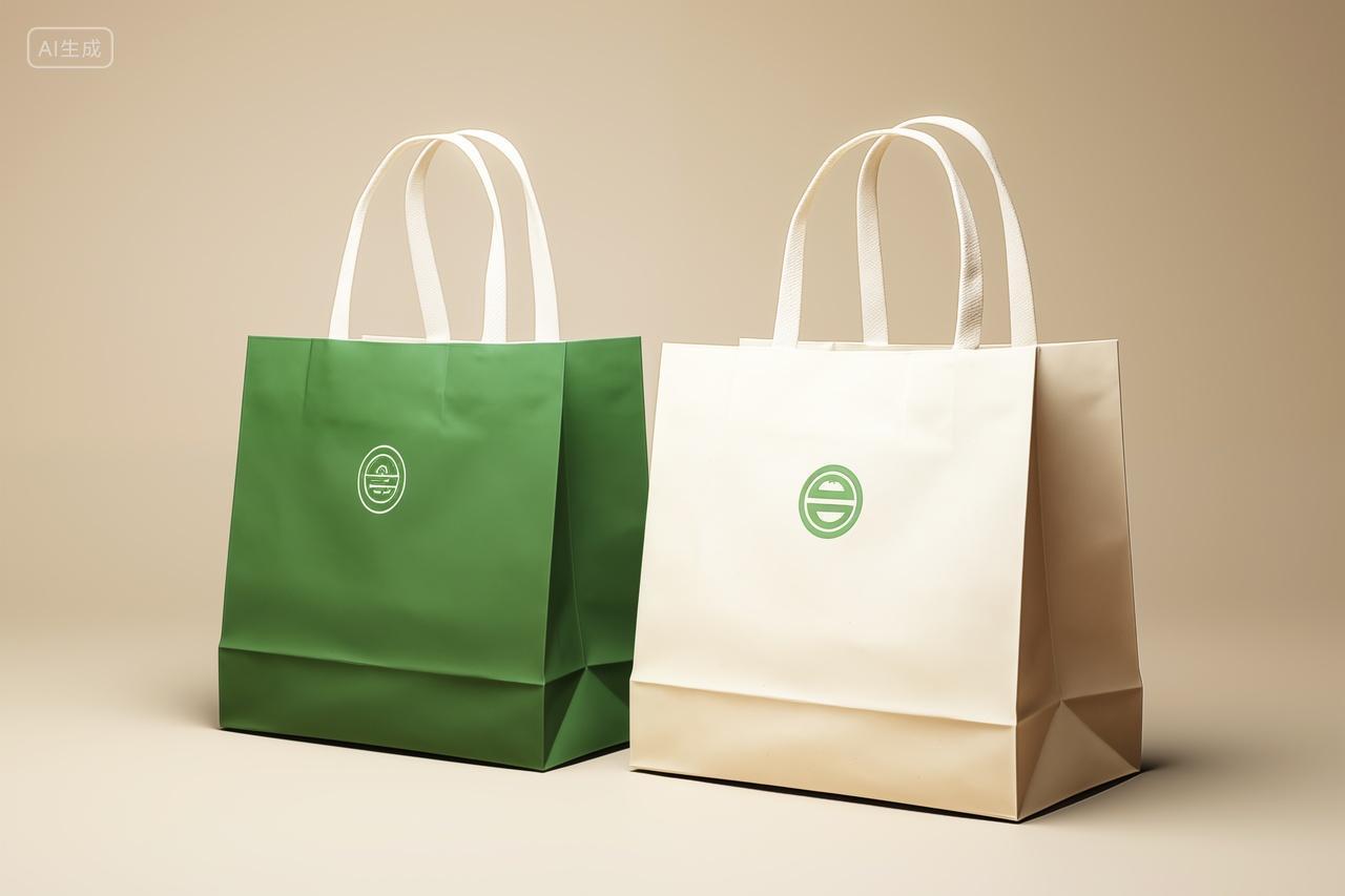 两个绿色和白色纸袋产品包装