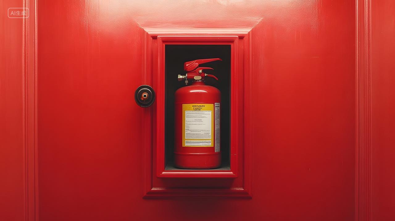 红色消防柜内的灭火器特写全国消防日主题