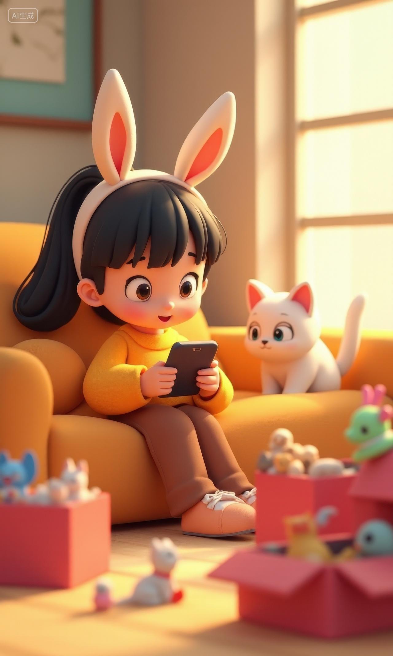 3D卡通坐在沙发上的女孩和猫咪