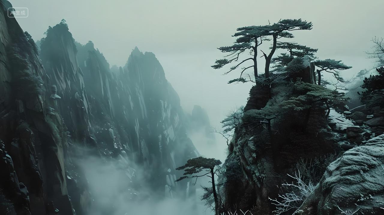 冬天白云皑皑的山峰威严屹立