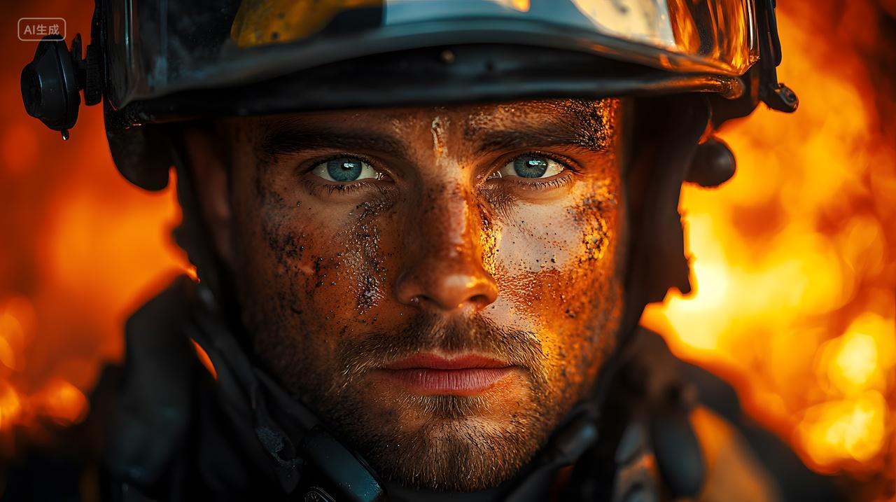 消防员火场坚毅面孔特写全国消防日主题
