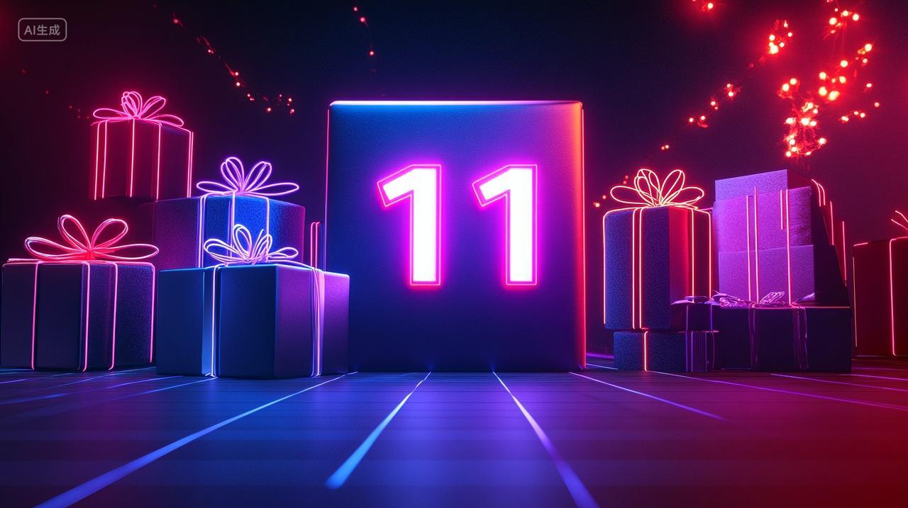 双11购物狂欢节各式各样闪闪发光的礼品