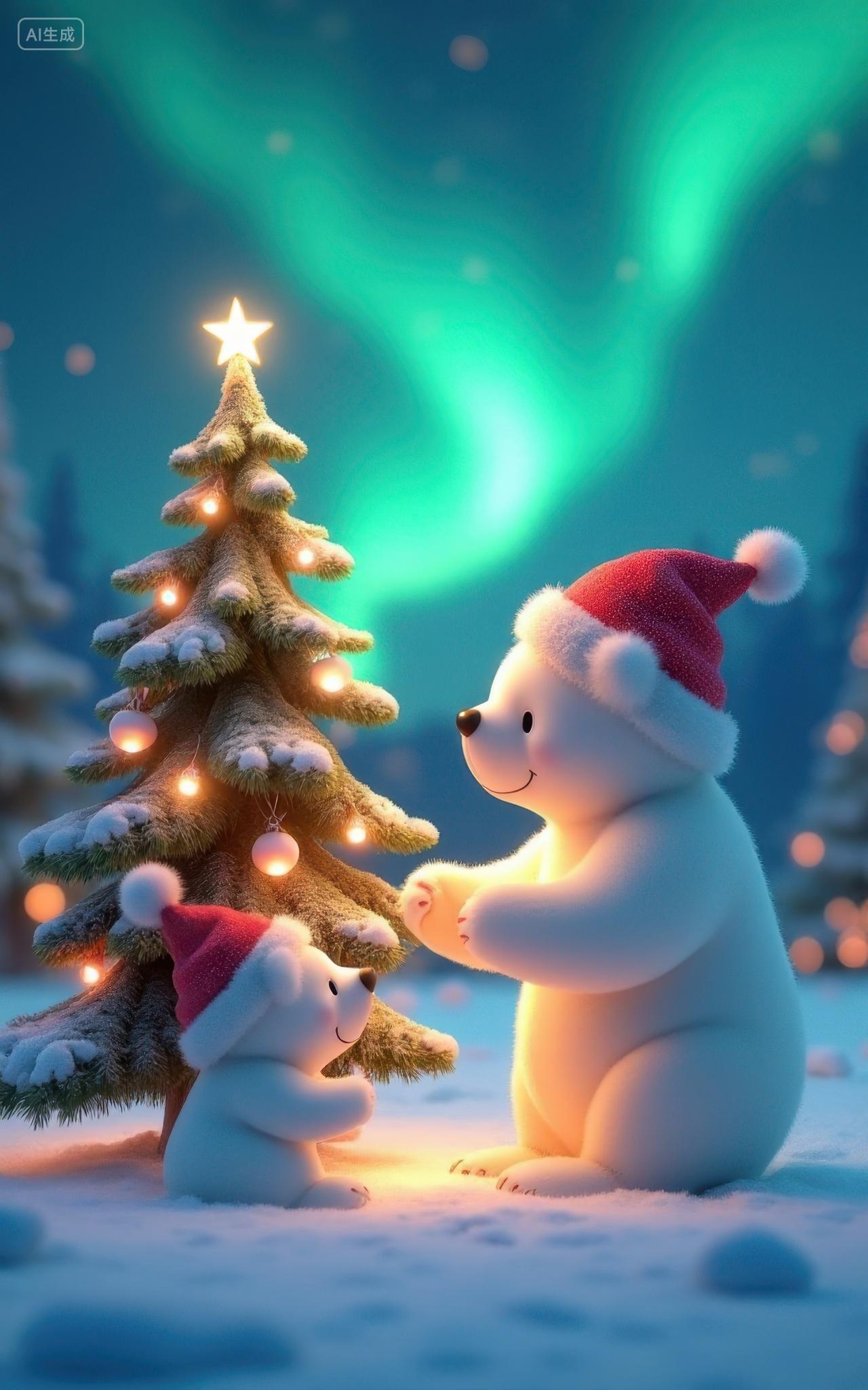 3D卡通插画可爱的小熊与圣诞树