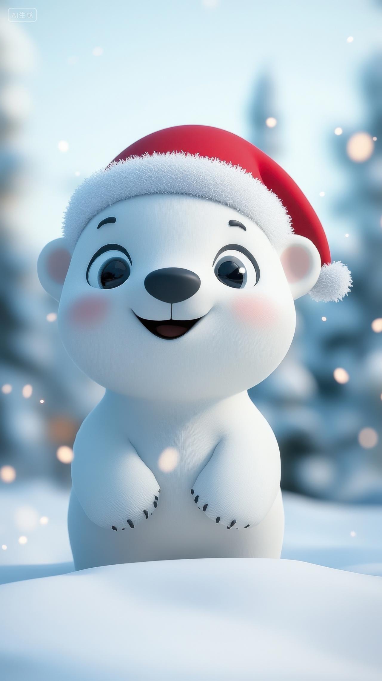 3D卡通圣诞节戴着圣诞帽子的北极熊