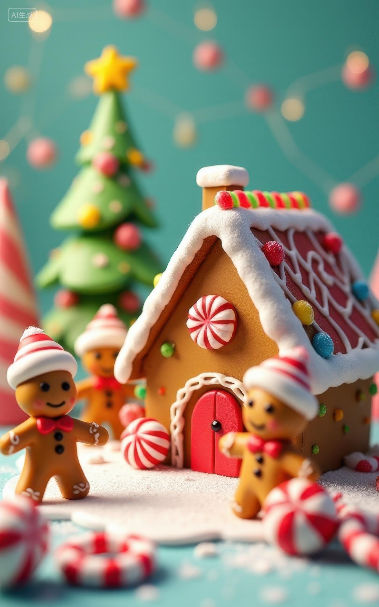 3D卡通圣诞节姜饼屋和姜饼人
