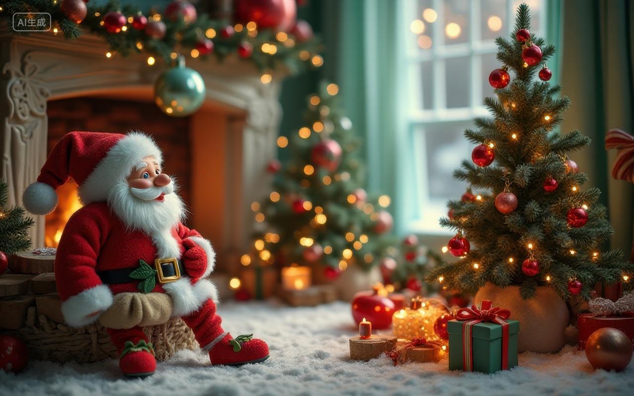 房屋里的圣诞老人与圣诞树