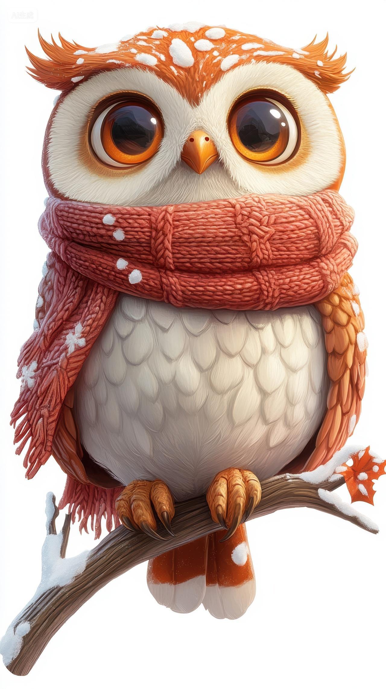 3D卡通插画站在树枝上的猫头鹰