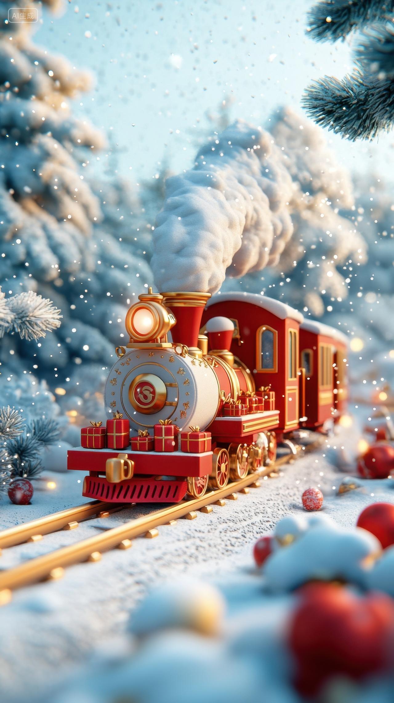 行驶在雪里的3D卡通复古火车