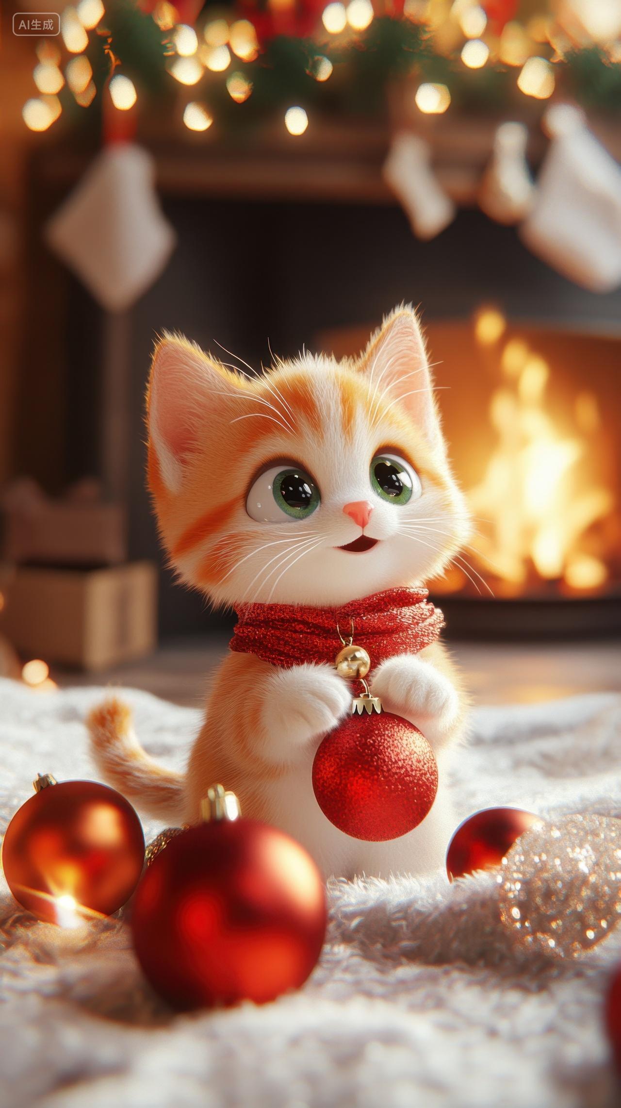 3D卡通坐在毛毯上的可爱圣诞节猫咪