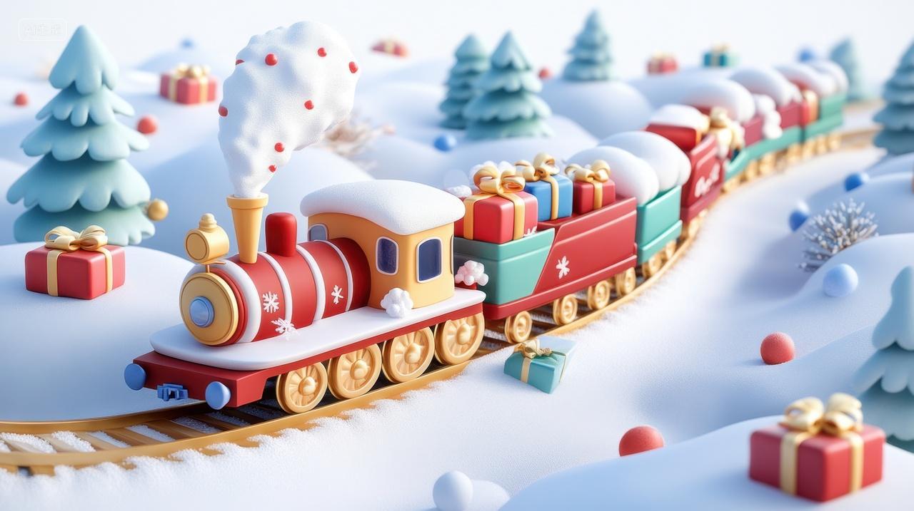 行驶在冬日雪地上的圣诞列车3D卡通