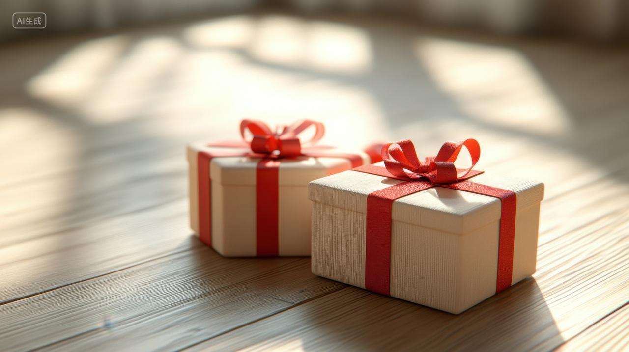 桌子上绑着红色丝带礼物盒
