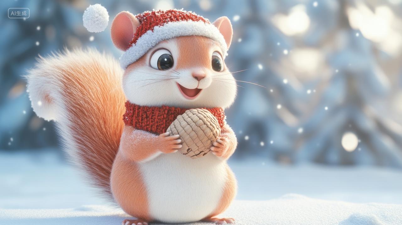 雪地里抱着食物的可爱松鼠