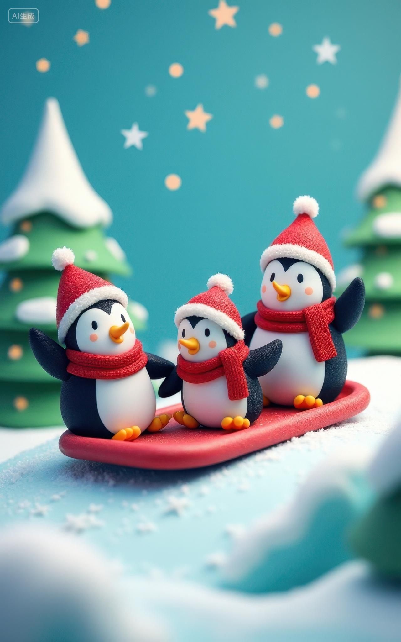 3D卡通圣诞节雪地里滑雪的三只企鹅