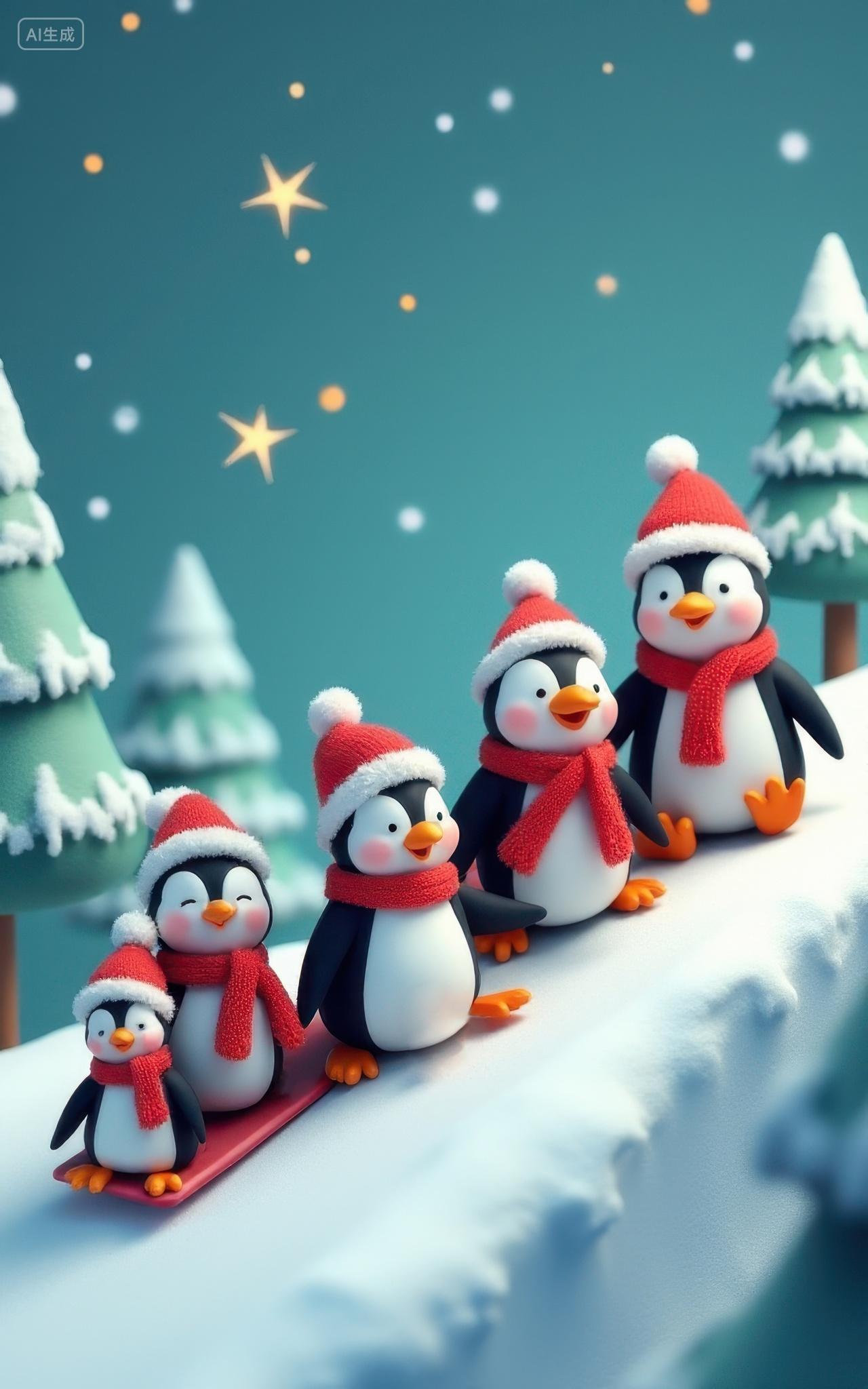 3D卡通圣诞企鹅一家欢快滑雪