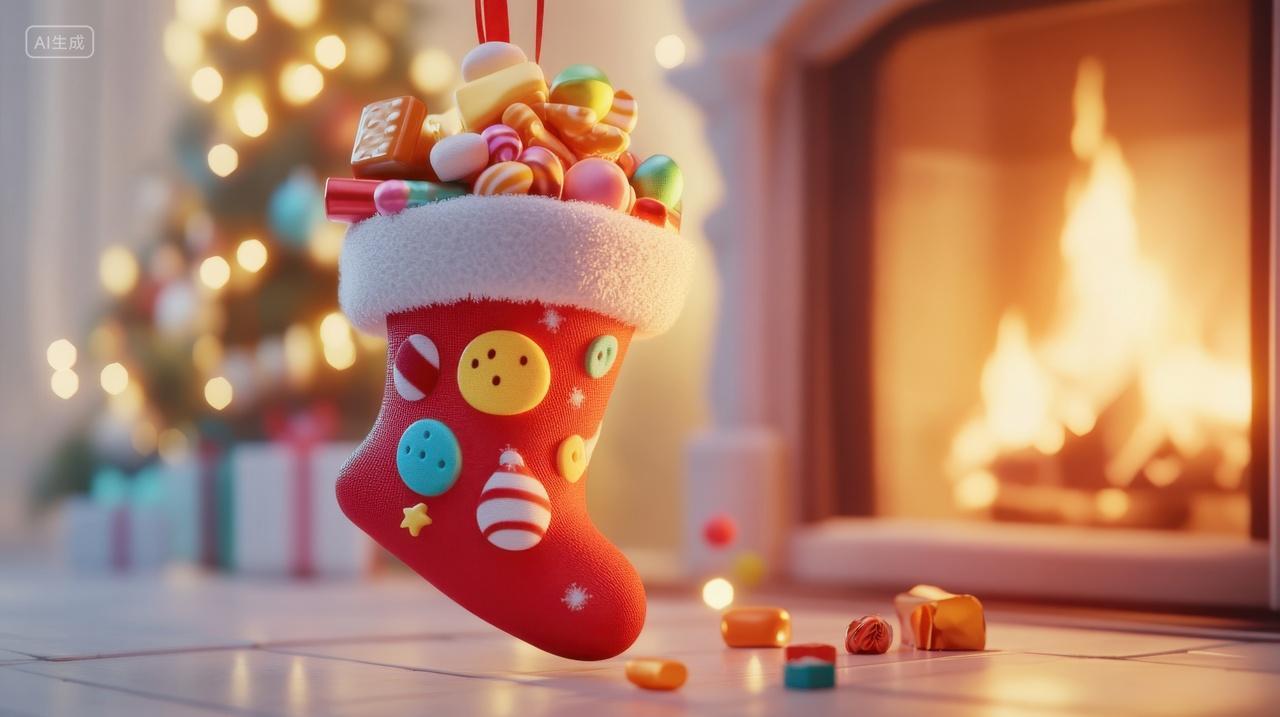 3D卡通挂在壁炉上的圣诞节礼物袜子
