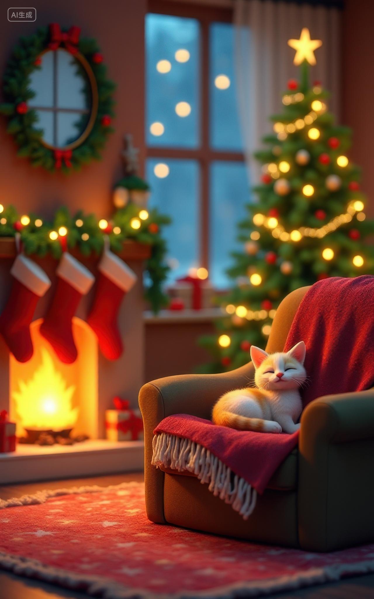 3D卡通圣诞氛围下的慵懒的猫咪