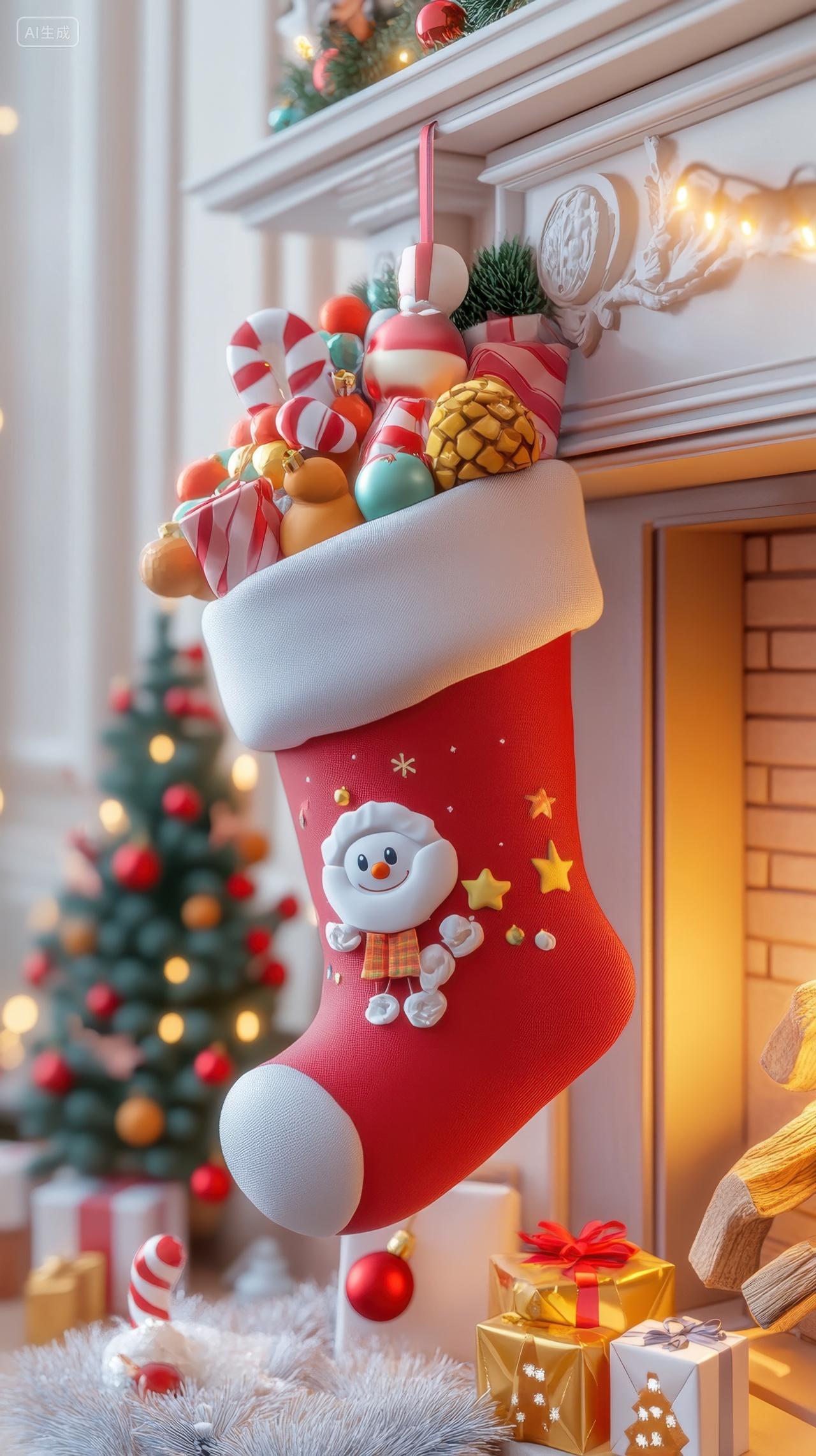 3D卡通挂在壁炉上的圣诞节礼物袜子