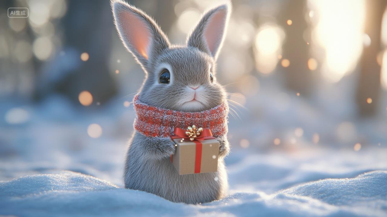 3d卡通抱着礼物的兔子