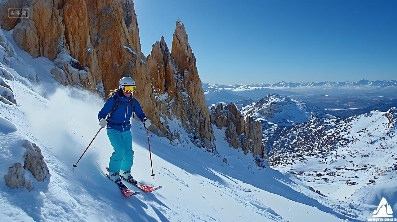 滑雪者在陡峭雪山坡上滑行冬季户外冒险摄影图