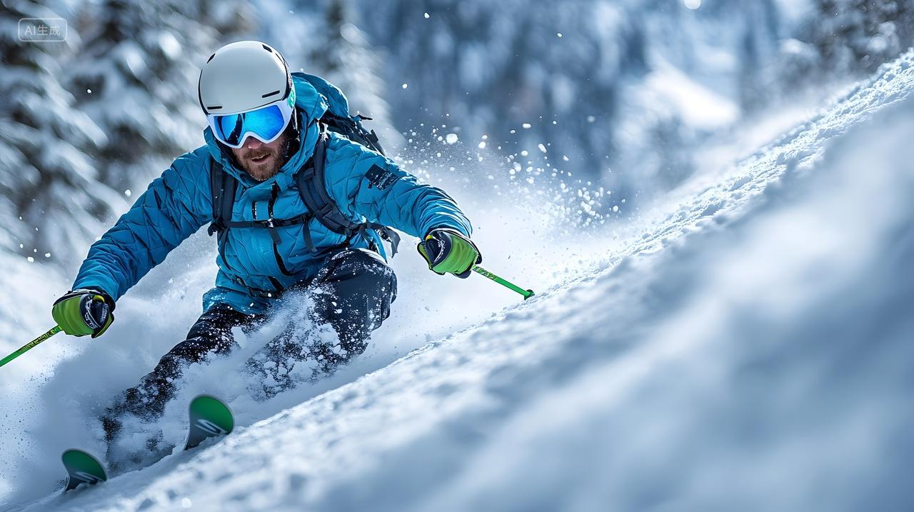 滑雪者在冬季雪山中滑行极限运动摄影图