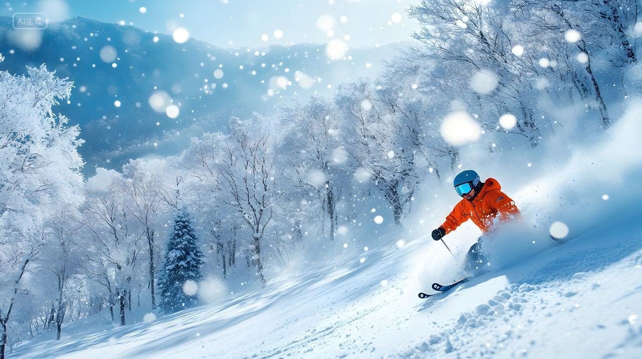 滑雪者在雪花飞舞的冬季中滑行户外运动摄影图