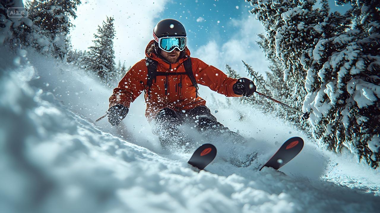 滑雪者在冬季中滑行户外运动摄影图