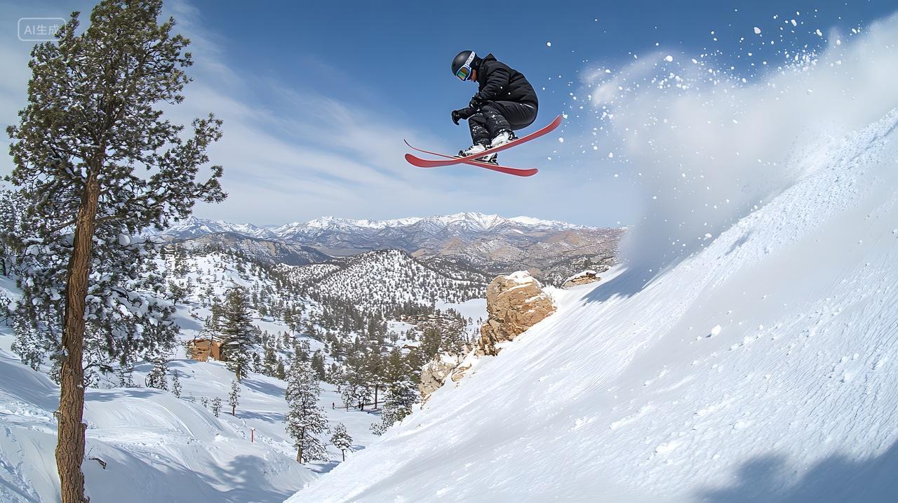 滑雪者雪山腾跃冬季极限运动摄影图