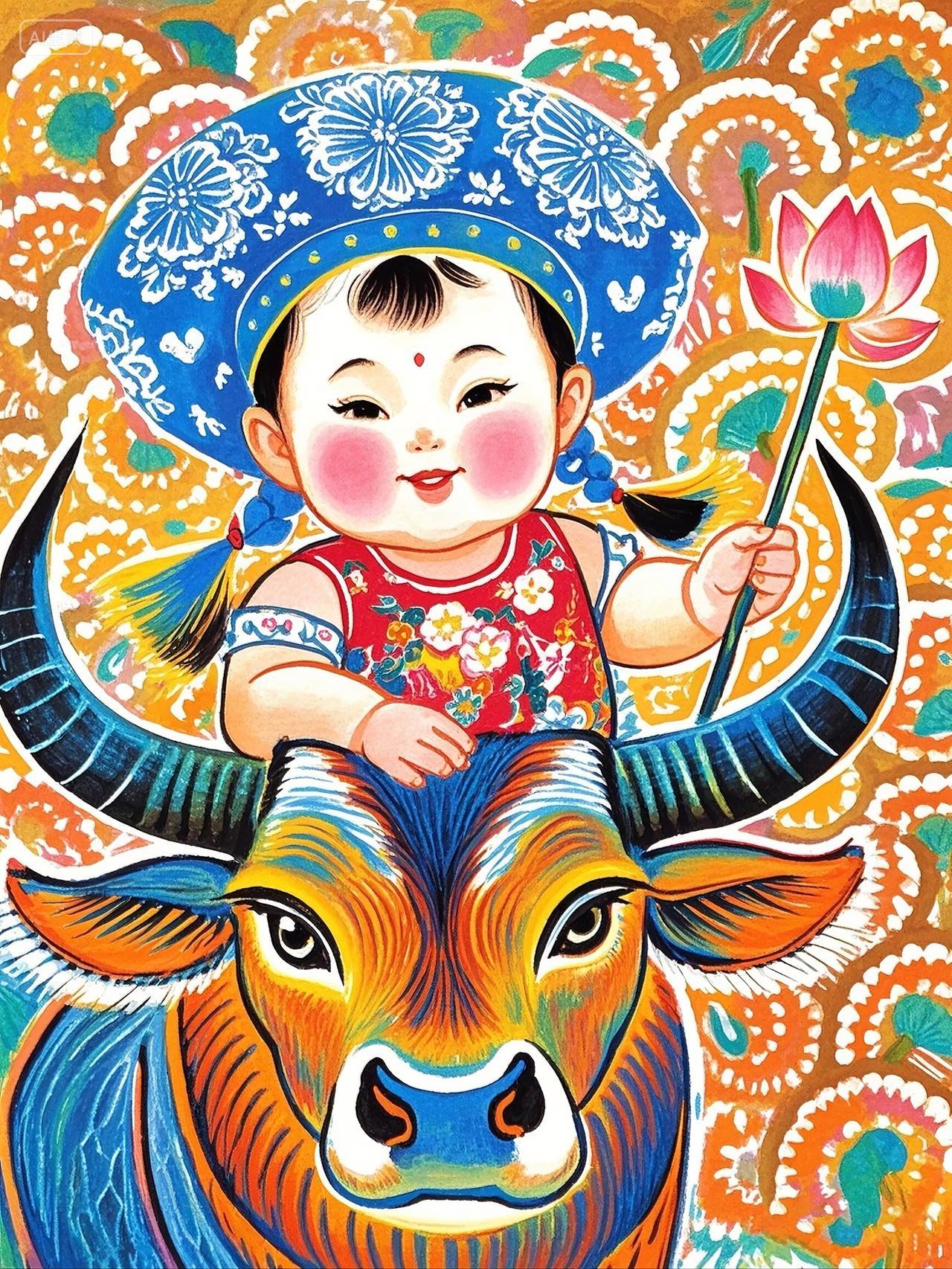 农民画可爱儿童与老黄牛aigc人工智能AI作图