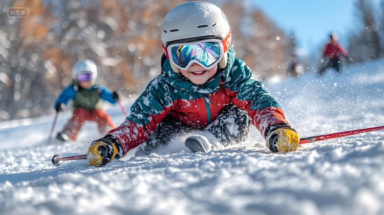 儿童滑雪者欢乐滑行冬季户外活动摄影图