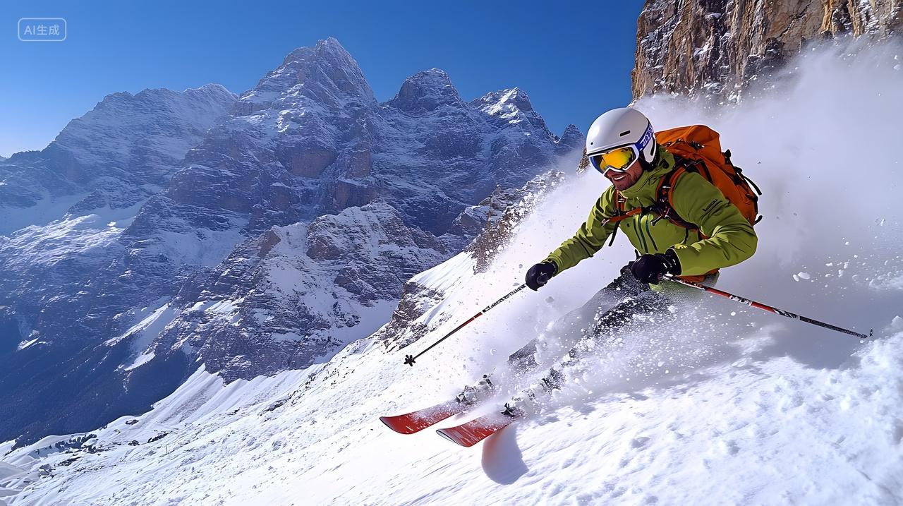 滑雪者在陡峭雪山坡上滑行冬季极限运动摄影图