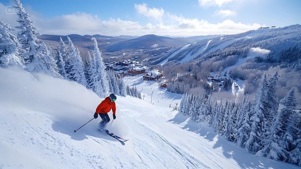 滑雪者在冬季度假村滑行雪山景观摄影图