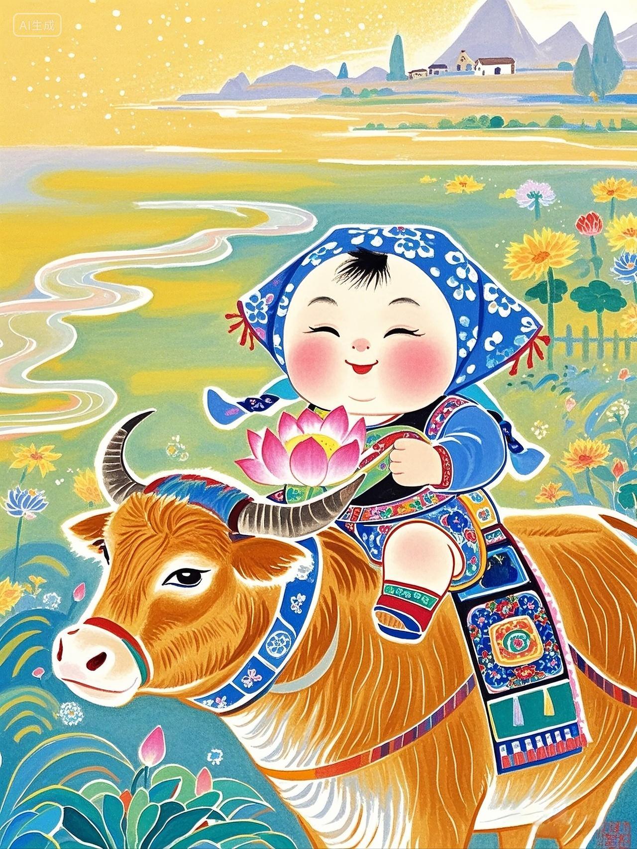 放牛童插画可爱生活农田农民画骑在黄牛身上aigc人工智能AI作图