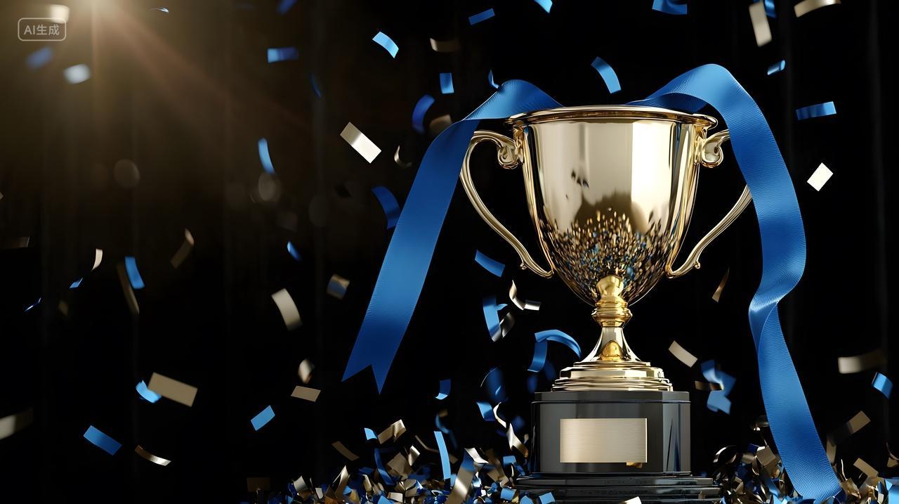 闪亮金色奖杯上面有蓝色丝带和五彩纸屑