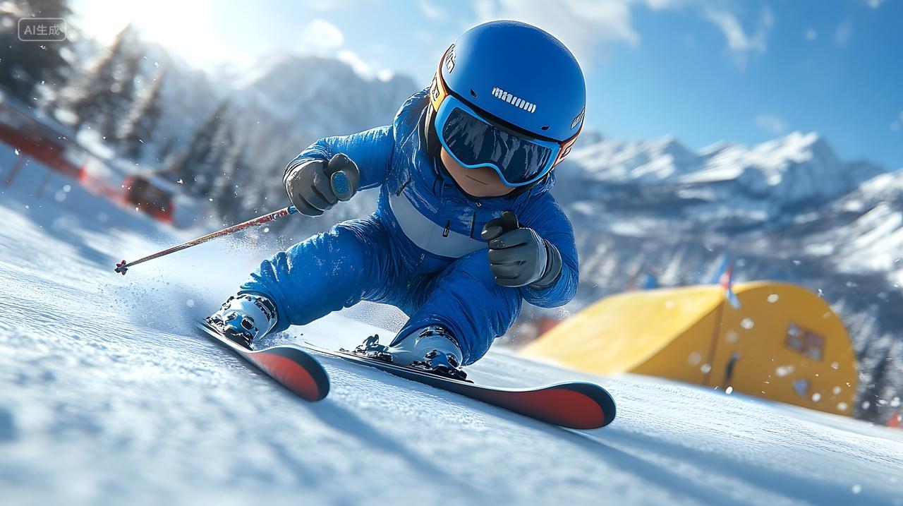 小滑雪者在雪山坡上滑行冬季户外活动摄影图