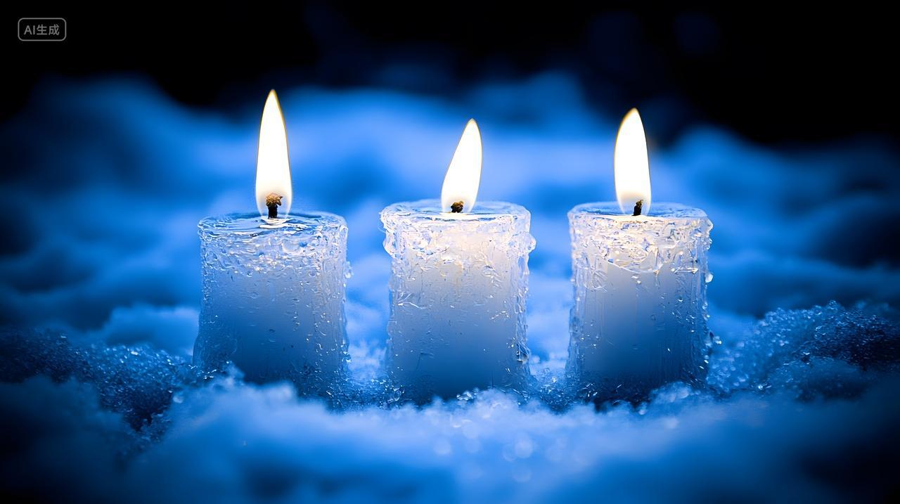 雪景背景中三根发光蜡烛