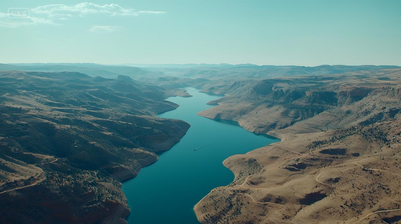 宽阔河流蜿蜒穿过干旱土地