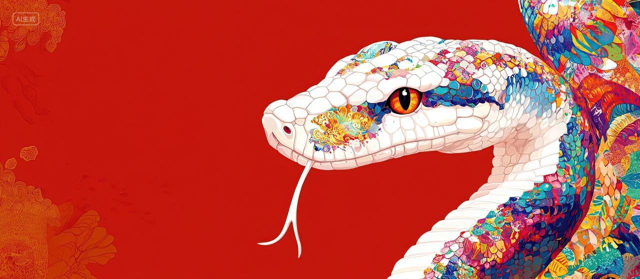 国潮卡通蛇新年春节红色背景