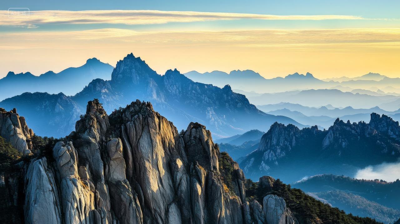 安徽黄山云海雾气山峰山顶树林中国自然风景