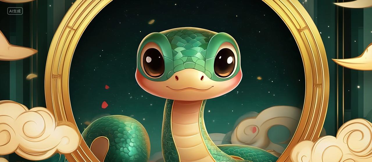 国潮绿色卡通蛇云海新年春节背景