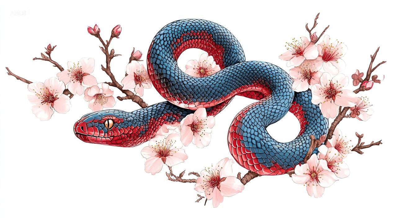 国潮生肖蛇和桃花新年春节素材