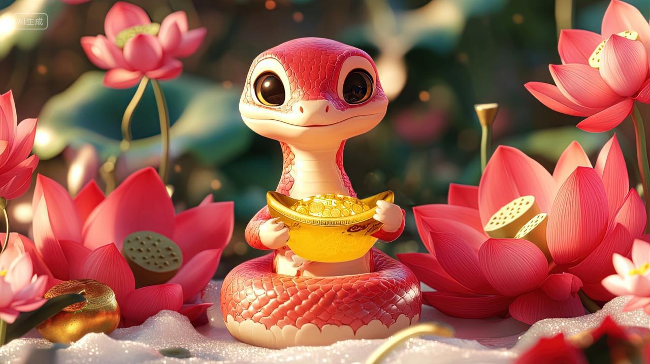 一个蛇宝宝拿着金元宝坐在荷花池中新年春节背景