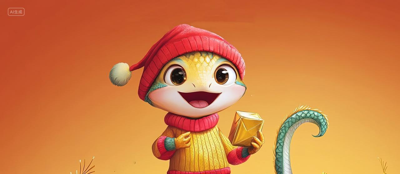 一个戴帽子穿毛衣的卡通蛇拿着金锭子新年春节背景