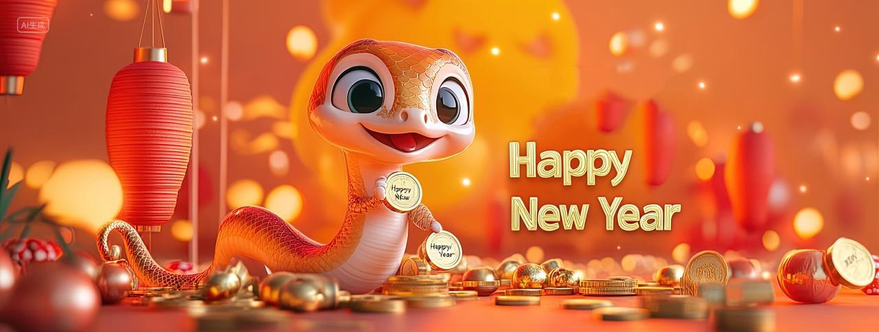一个卡通蛇新年拿着金币新年春节喜庆背景