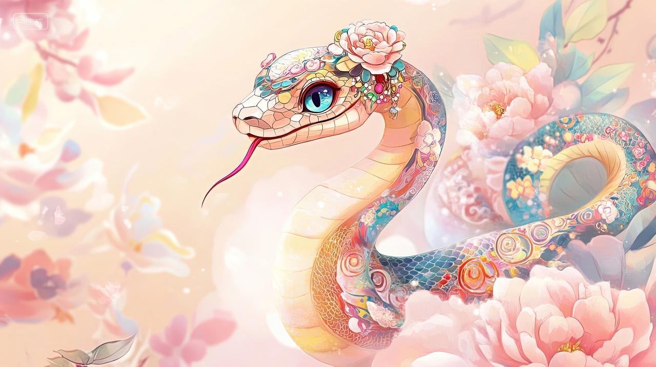 头上戴花的国潮卡通蛇新年春节背景