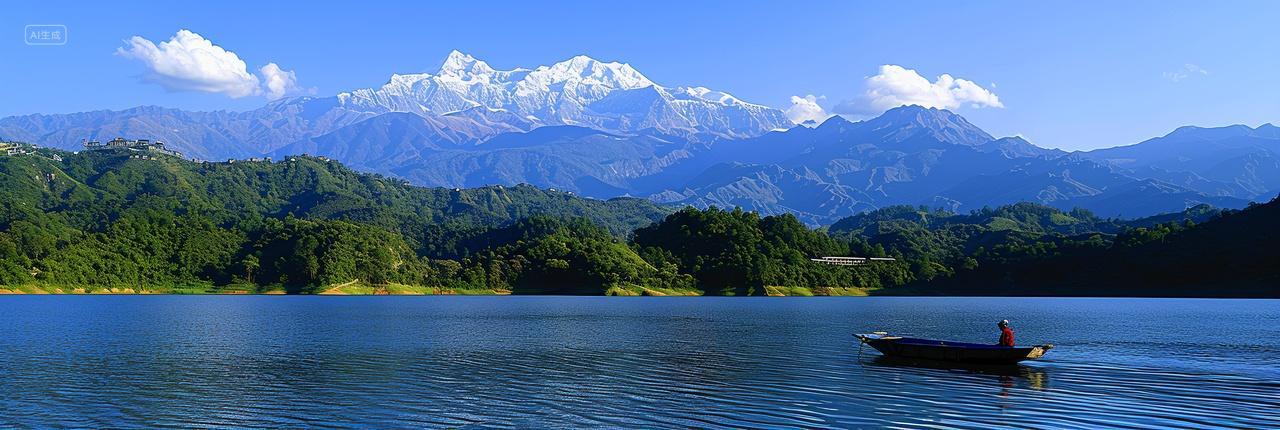 雪山森林环绕着湖泊上小船上的人儿正享受着宁静与美好