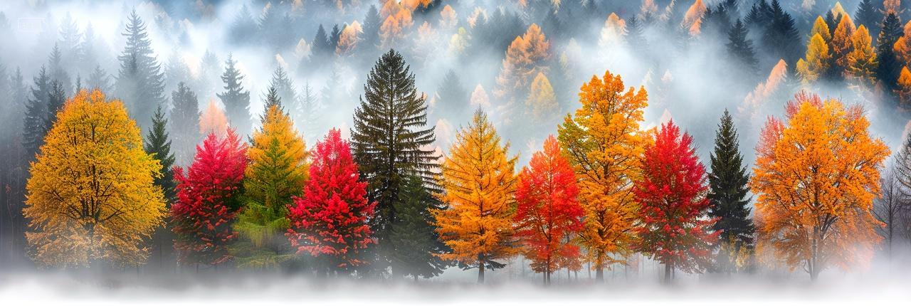 秋日晨光初照雾气缭绕斑斓色彩的山林